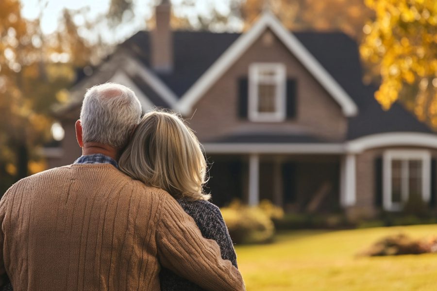 A retired couple happily unpacking boxes in their downsized retirement home.
