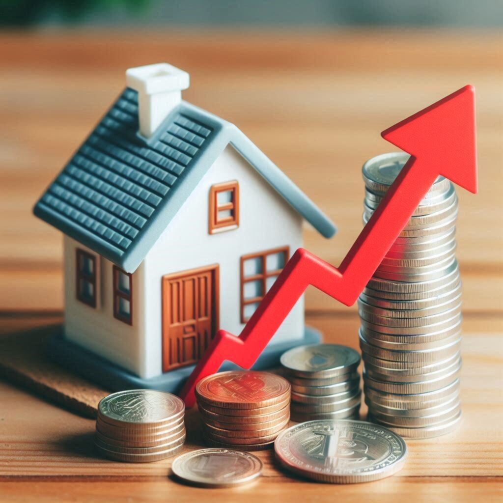 A miniature house next to an increasing stack of coins depicts how real estate value increases over time.