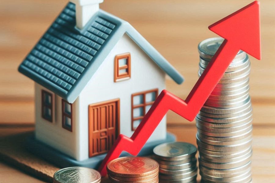 A miniature house next to an increasing stack of coins depicts how real estate value increases over time.