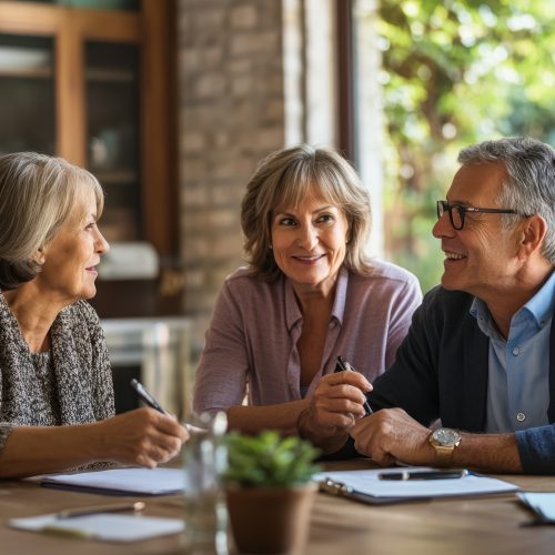 A multi-generational family gathered together to discuss financial planning and wealth management, ensuring a secure future and a lasting legacy.