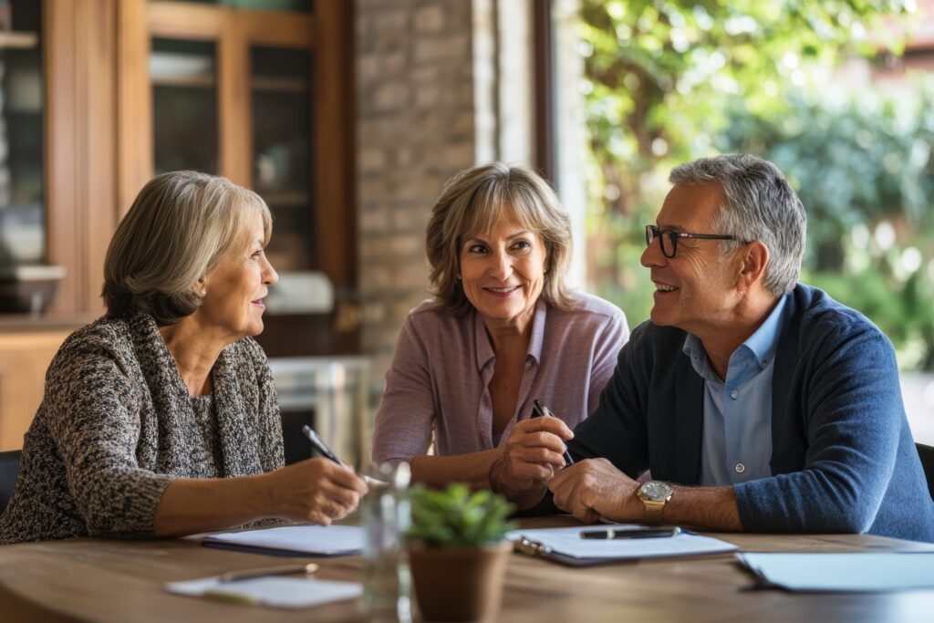 A multi-generational family gathered together to discuss financial planning and wealth management, ensuring a secure future and a lasting legacy.